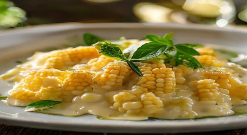 Creme de milho cremoso servido em travessa branca, com brilho dourado e toque de cheiro-verde por cima