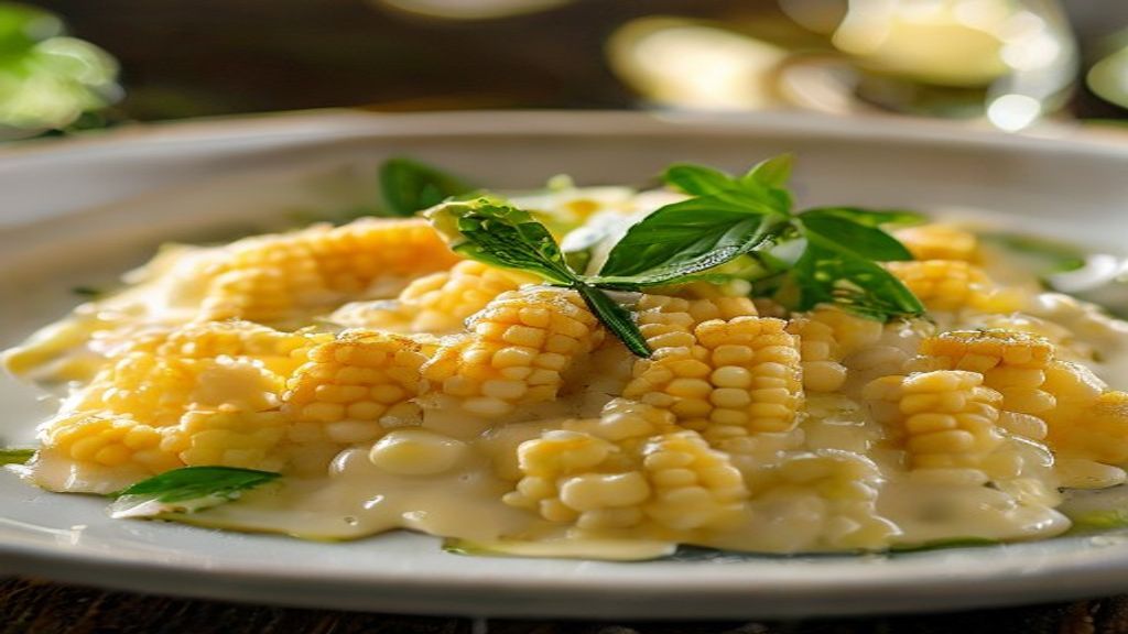 Prato de creme de milho cremoso servido em travessa com cheiro-verde, textura aveludada e apetitosa