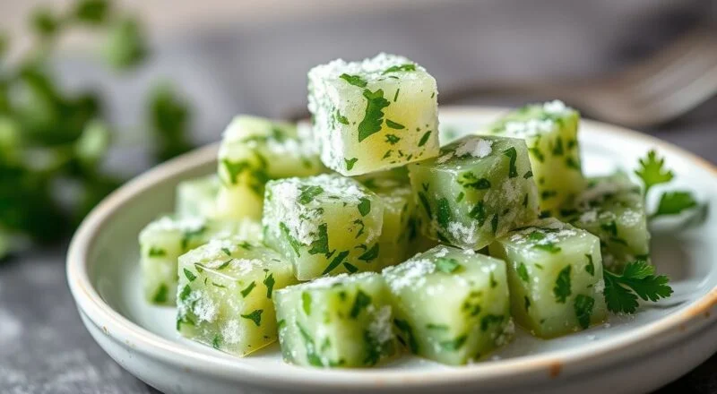 Cubos de salsinha e coentro bem verdes, desenformados e organizados em potinho, prontos para ir direto à panela