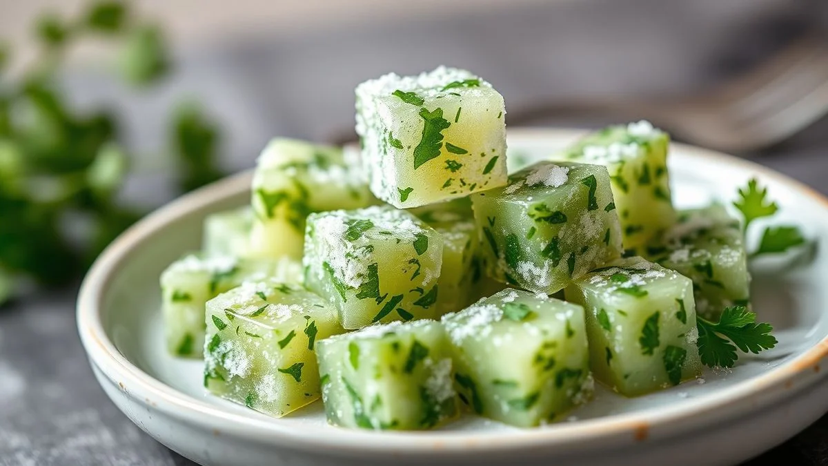 Cubos de ervas verdes em forma de gelo para congelar salsinha e coentro e usar direto no preparo