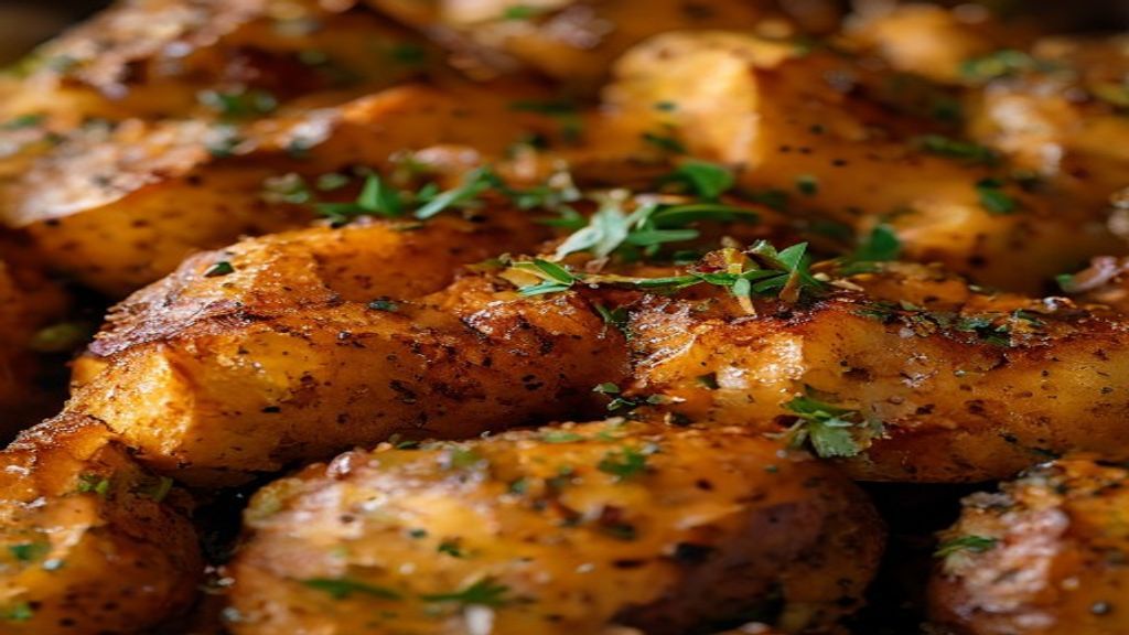 Close-up das batatas douradas, mostrando a textura crocante e ervas frescas por cima