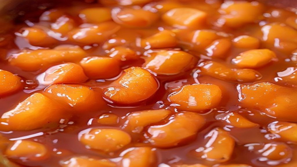 Close-up de uma colher mergulhando em compota brilhante, mostrando a textura das frutas