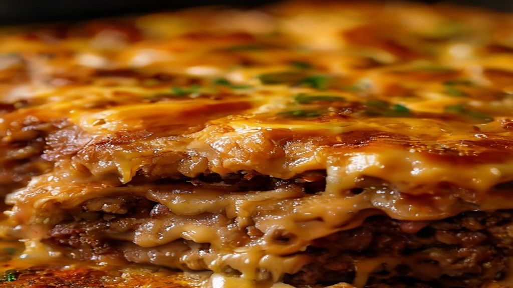 Close-up da lasanha pronta, mostrando as camadas de carne e queijo derretido com bordas douradas