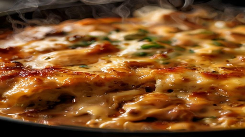 Close-up com o queijo derretido e a textura cremosa da lasanha recém-preparada