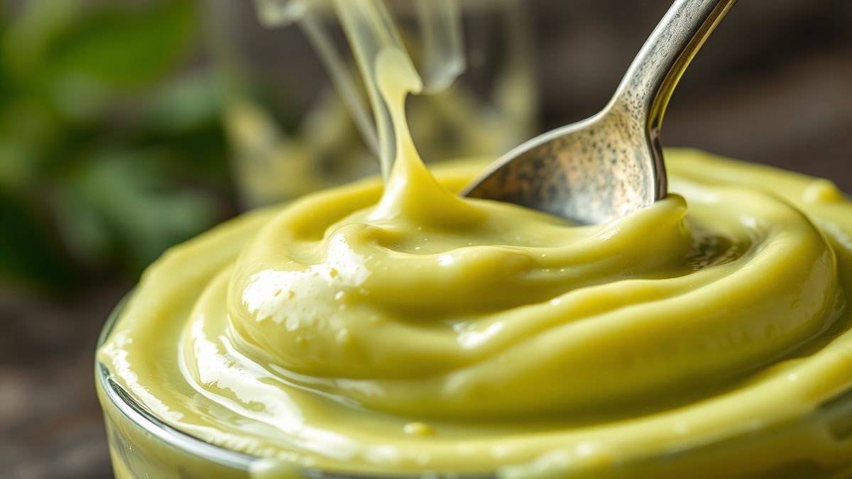 Close-up da textura lisa e grossa da maionese verde, destacando brilho e pedacinhos de ervas