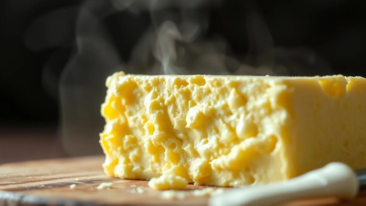 Close-up da manteiga caseira já lavada e modelada, mostrando textura cremosa e brilho natural