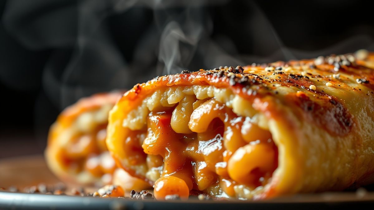 Close-up de uma empadinha aberta mostrando a massa quebradiça e macia, com camadas e dourado perfeito