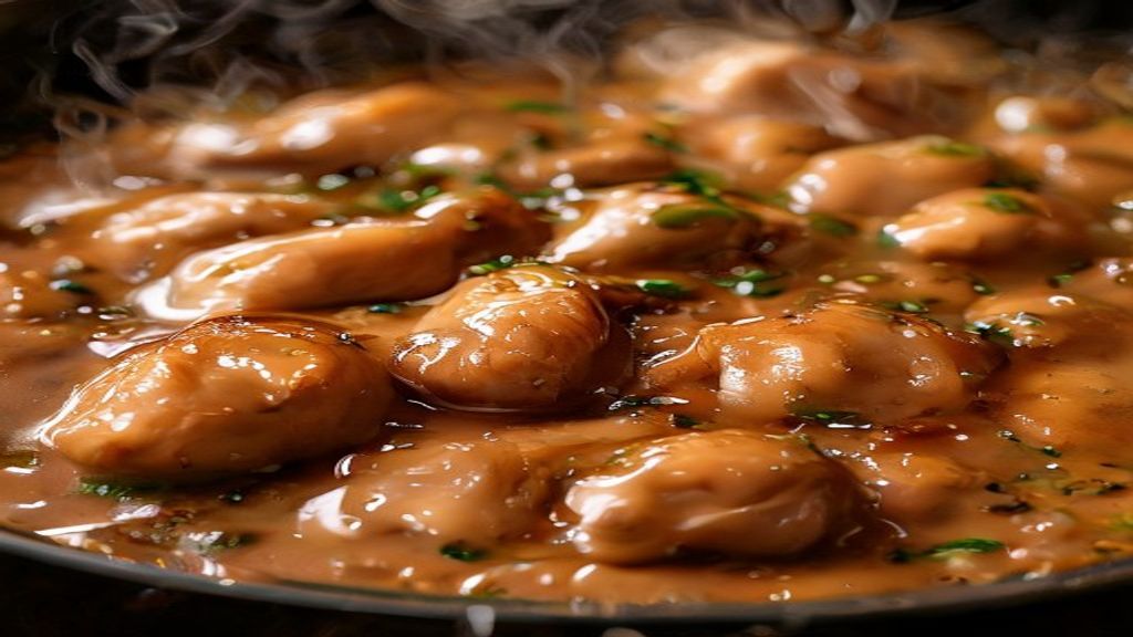 Close-up mostrando a textura cremosa e os pedaços macios da moela com o molho brilhante.