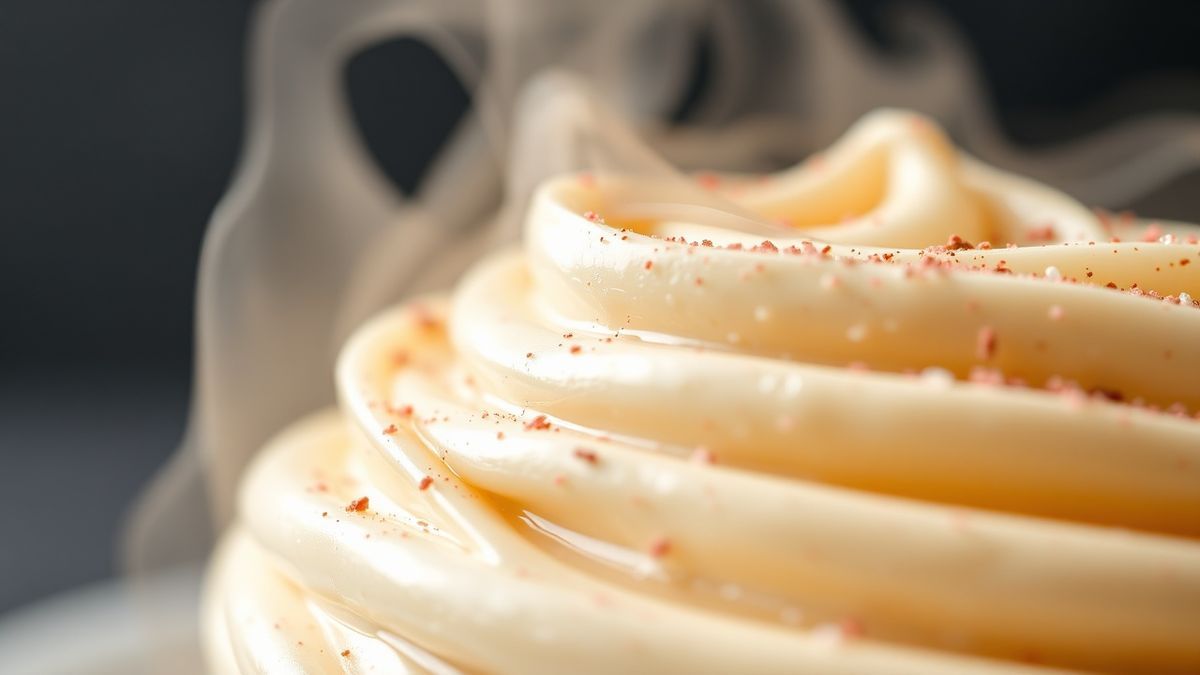 Close-up da mousse pronta mostrando textura lisa, cremosa e firme, com cobertura delicada