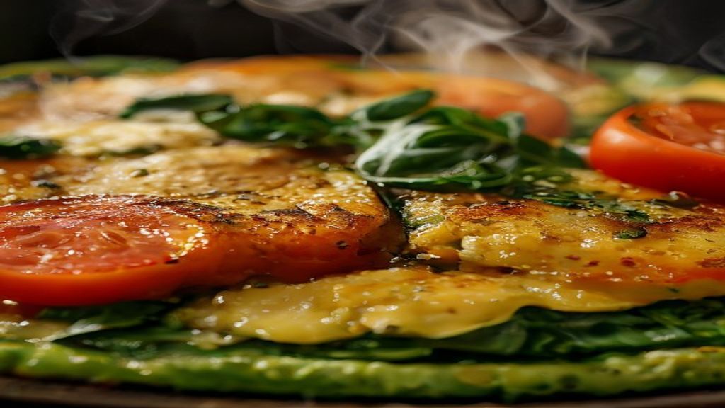 Close-up mostrando textura da omelete dourada e o recheio suculento de espinafre e tomate.