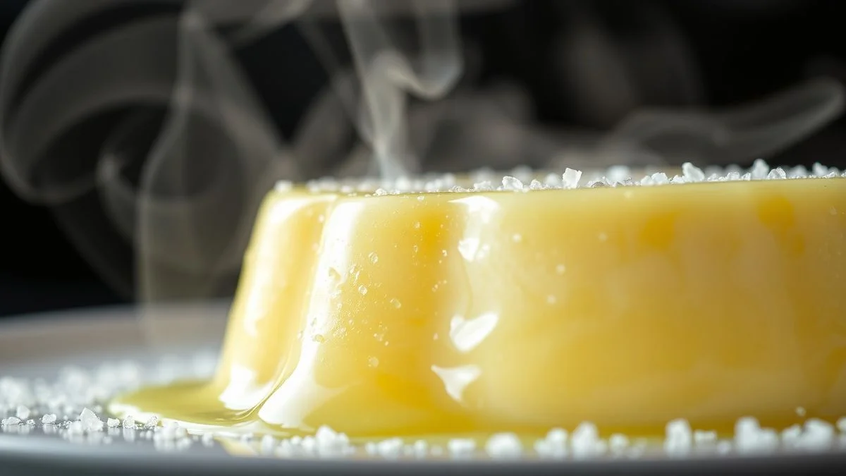 Close-up da textura aveludada com “tremor” suave, raspas de limão e brilho da calda