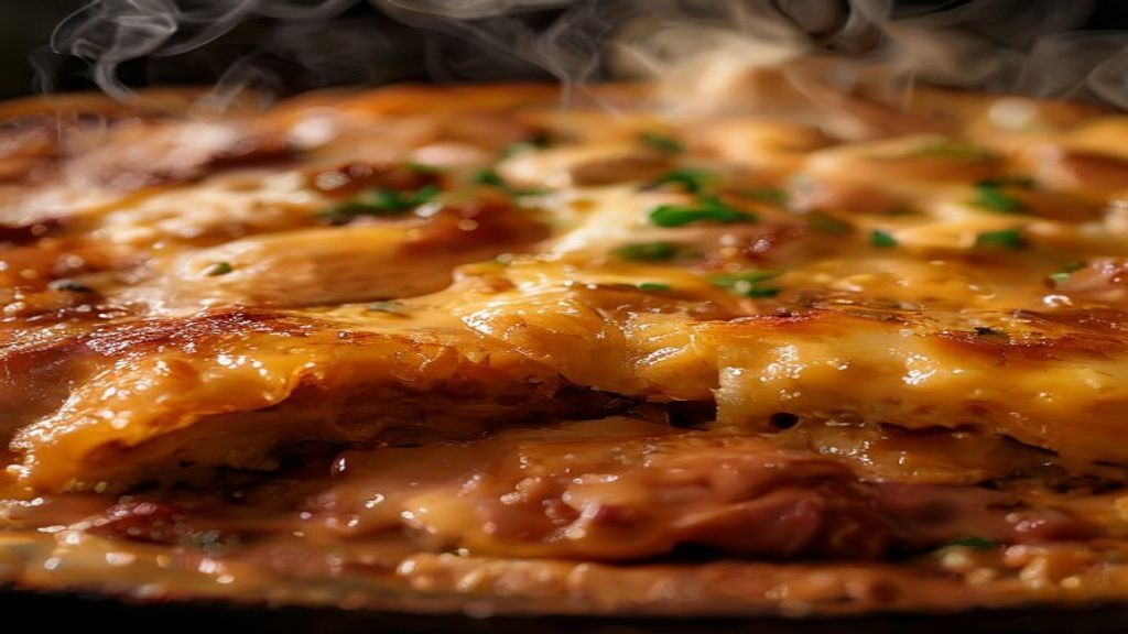 Close-up mostrando o interior cremoso da panqueca cortada e o queijo derretido