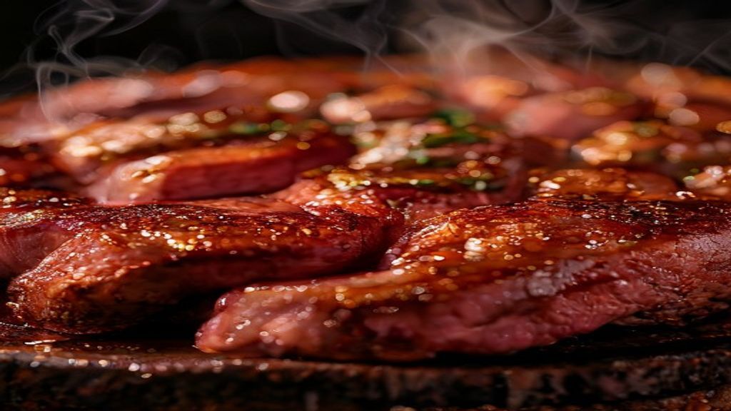 Close-up da picanha fatiada, suculenta e ainda soltando vapor, com textura dourada e interior rosado.