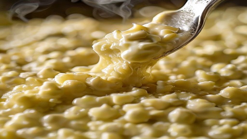 Close-up da polenta pronta com textura lisa e queijo derretido, mostrando seu brilho e cremosidade.