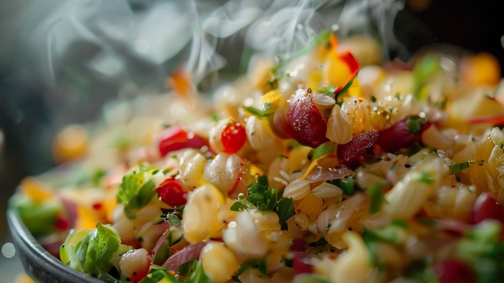 Close-up mostrando textura dos grãos e o brilho dos legumes frescos na salada pronta