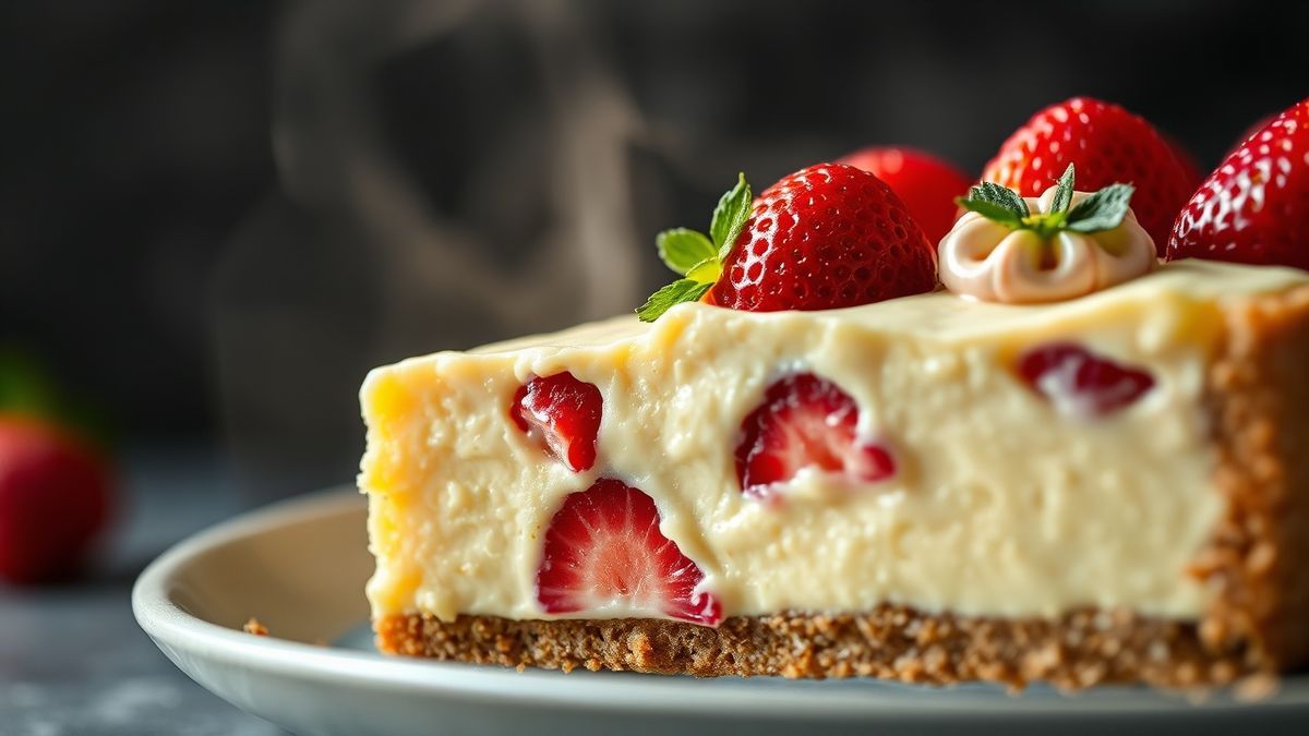 Close-up da fatia mostrando o creme liso, a base compacta e os morangos frescos por cima