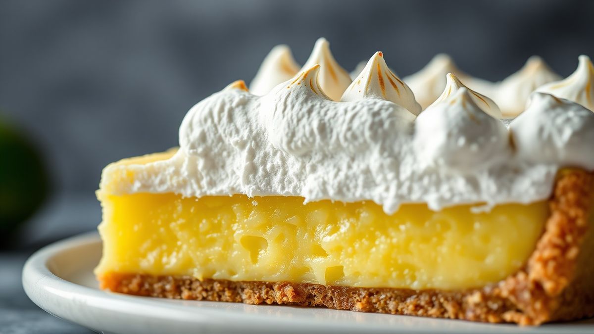 Close-up da fatia mostrando a base crocante, o creme firme e o merengue dourado com textura brilhante