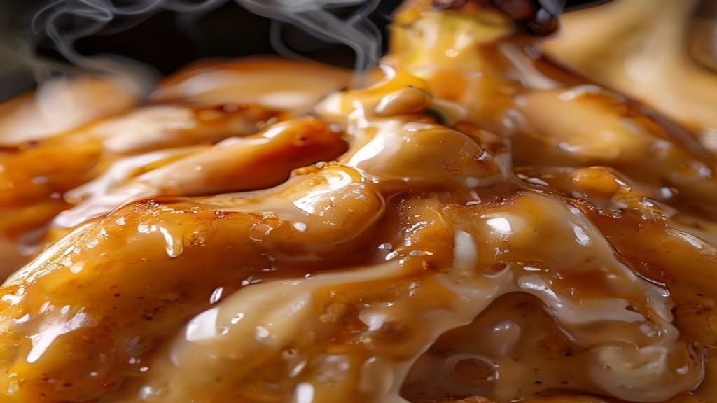 Close-up de fatias de banana caramelizadas, com calda brilhante e sorvete derretendo.