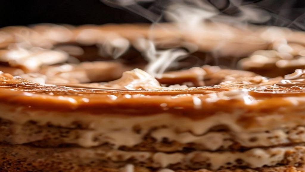 Close-up do corte do bolo, destacando a textura fofa da massa e o recheio cremoso no interior