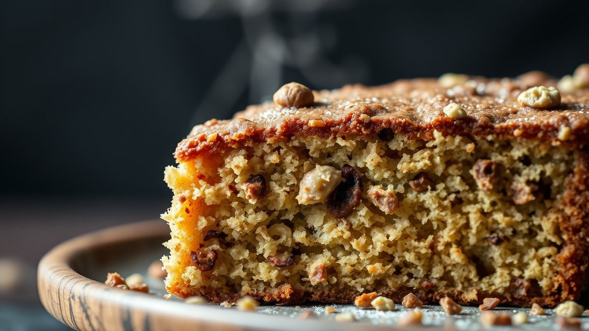 Close-up da fatia com textura úmida, pedacinhos de aveia visíveis e brilho natural da banana, com canela ao fundo