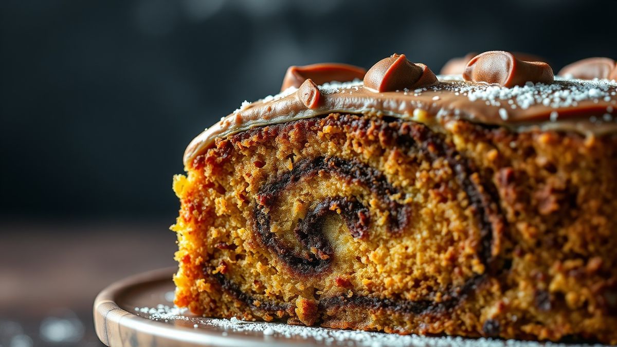 Close-up mostrando a textura úmida e o contraste do mesclado entre cenoura e chocolate