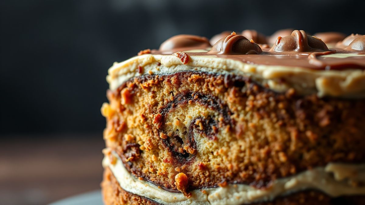 Close-up do bolo mesclado de cenoura cortado, destacando a textura úmida e o contraste das massas