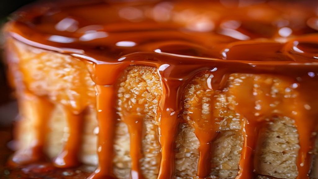 Close-up mostrando a textura cremosa do pudim e a maciez do bolo, com calda escorrendo pelas laterais