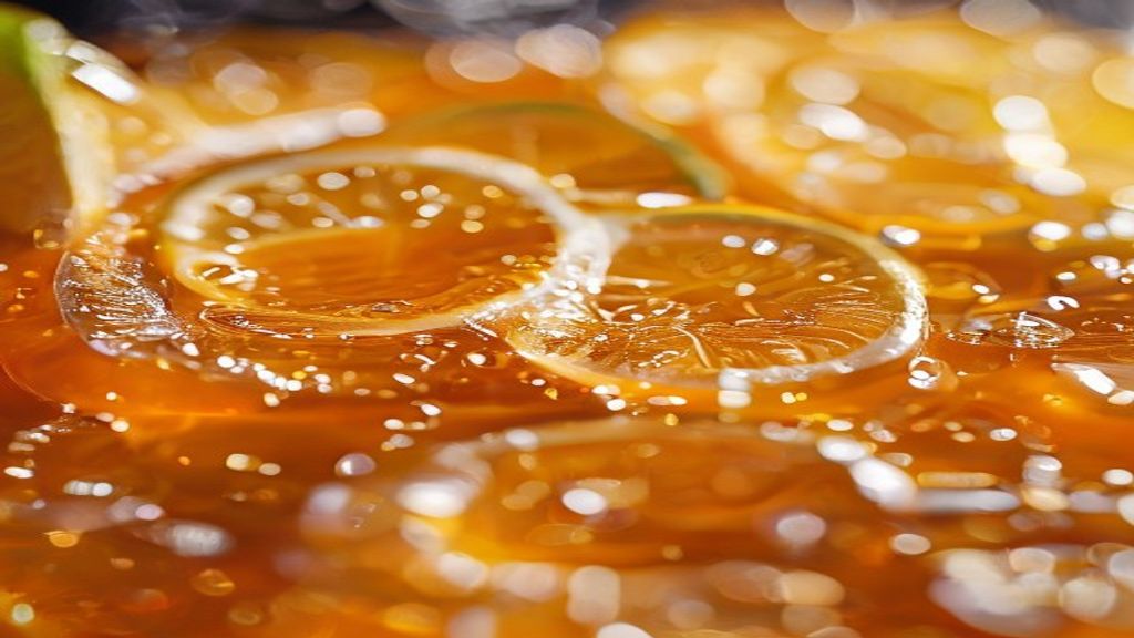 Close-up do chá fumegante mostrando o brilho do mel e as rodelas de limão boiando na xícara