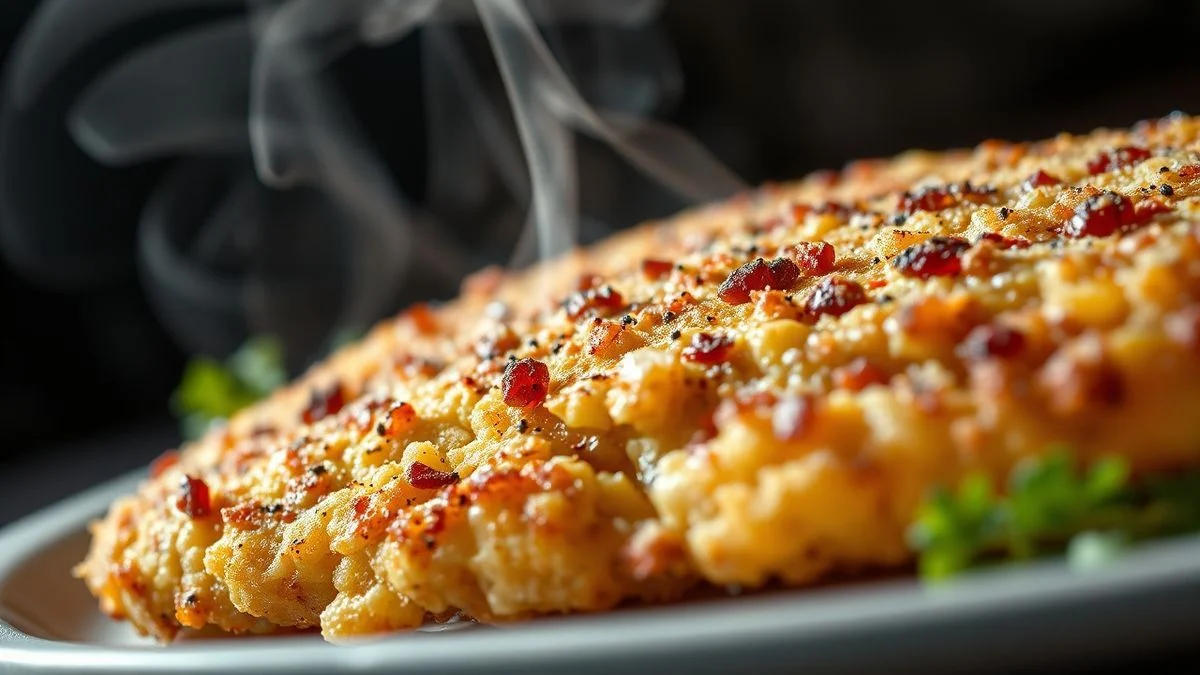 Close-up do empanado bem crocante e dourado, mostrando a textura da casquinha e a vitela macia por dentro, com gotas de limão