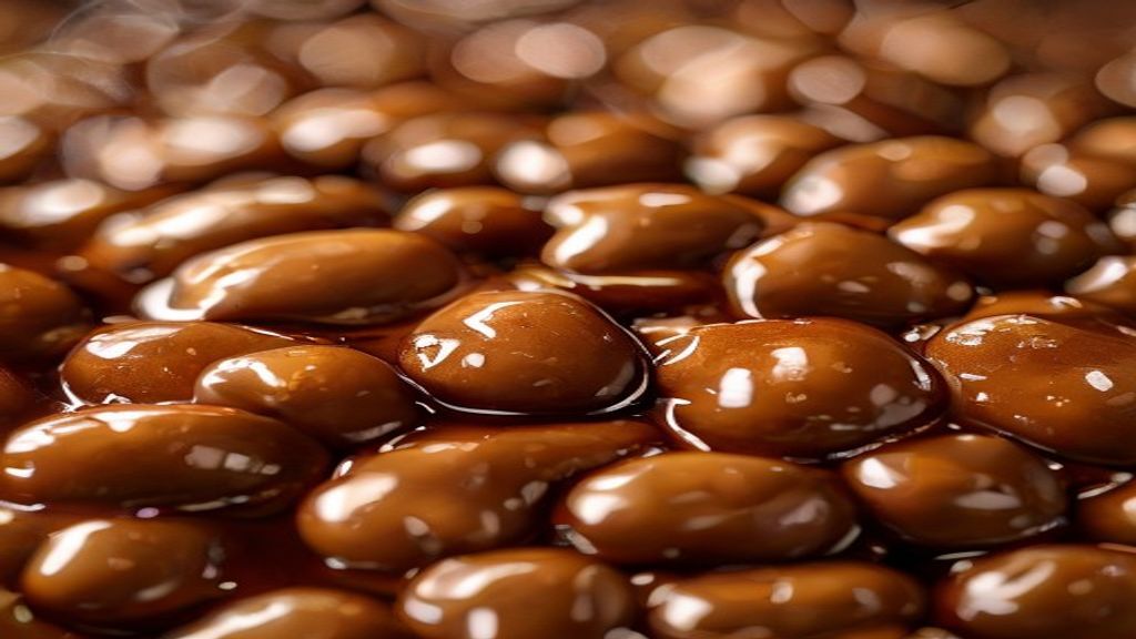 Close-up do feijão encorpado com caldo cremoso, destacando textura e brilho do caldo