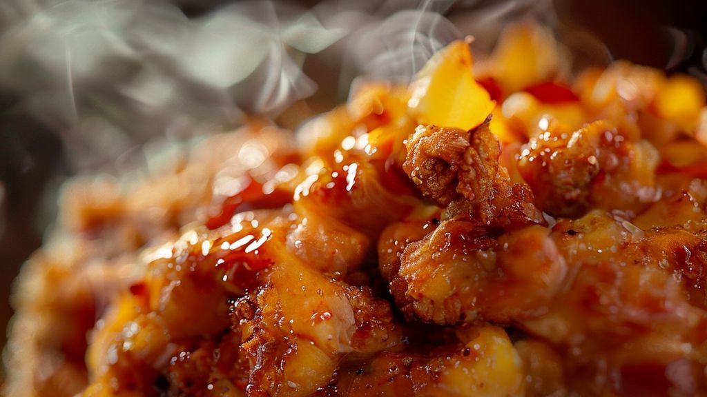 Close-up mostrando o frango crocante coberto com molho agridoce e pedaços de abacaxi.