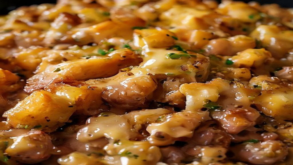 Close-up do fricassê de carne moída gratinado, com queijo derretido e batata-palha dourada