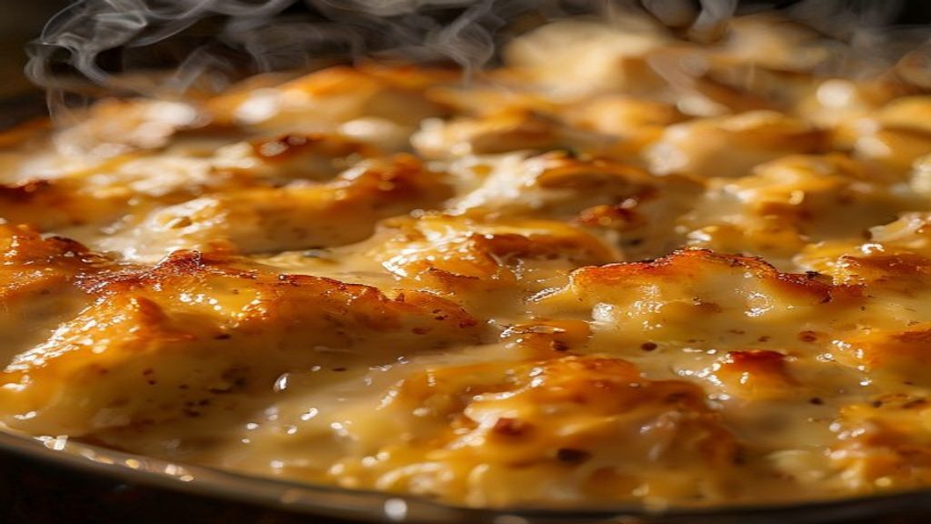 Close-up do gratinado de frango cremoso mostrando a textura dourada do queijo e as batatas crocantes.