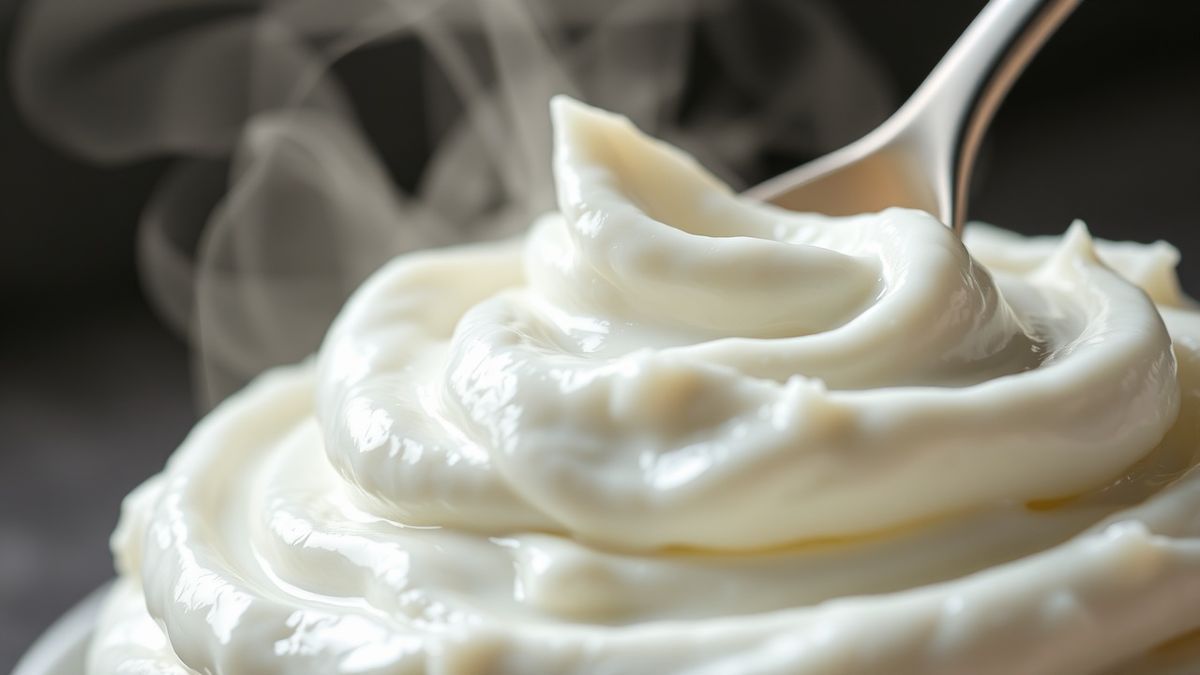 Close-up do iogurte bem firme e cremoso, destacando a textura espessa e brilhante de colher.