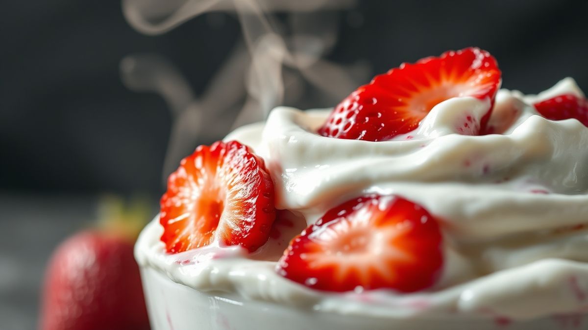 Close-up da textura firme e cremosa do iogurte com morangos, destacando brilho, consistência e frescor