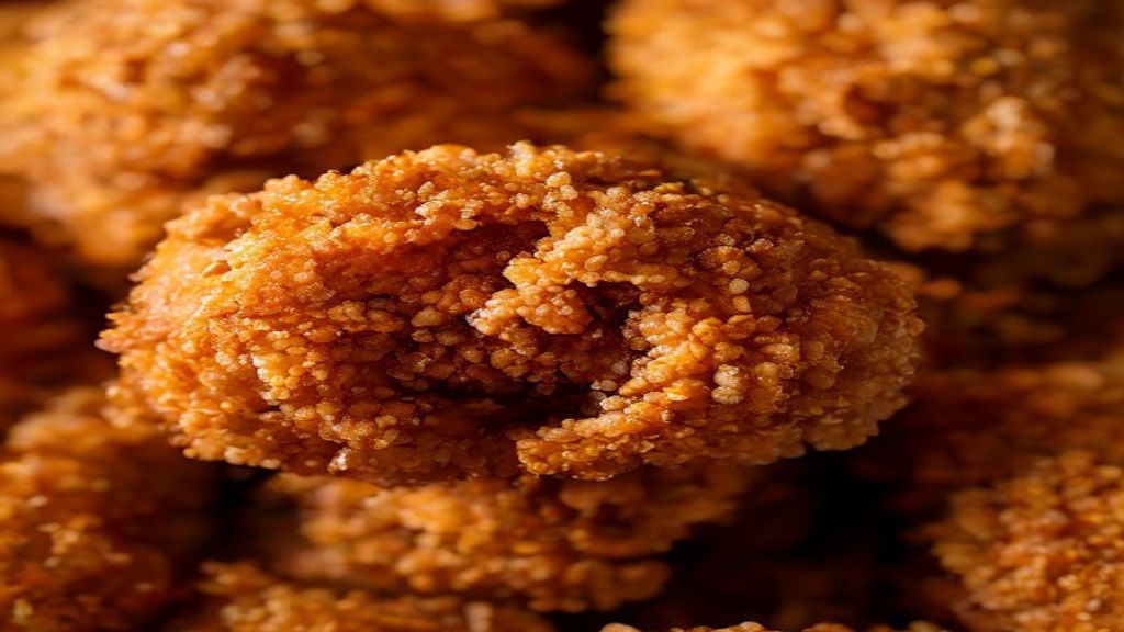 Close-up do kibe frito aberto mostrando o interior suculento e a crosta dourada