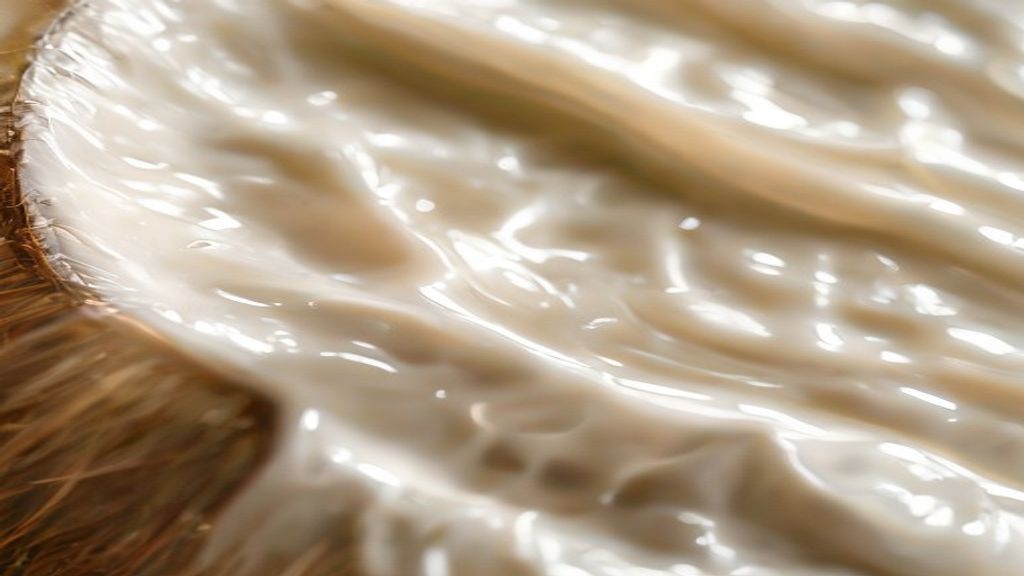 Close-up do leite de coco cremoso em copo de vidro com textura sedosa