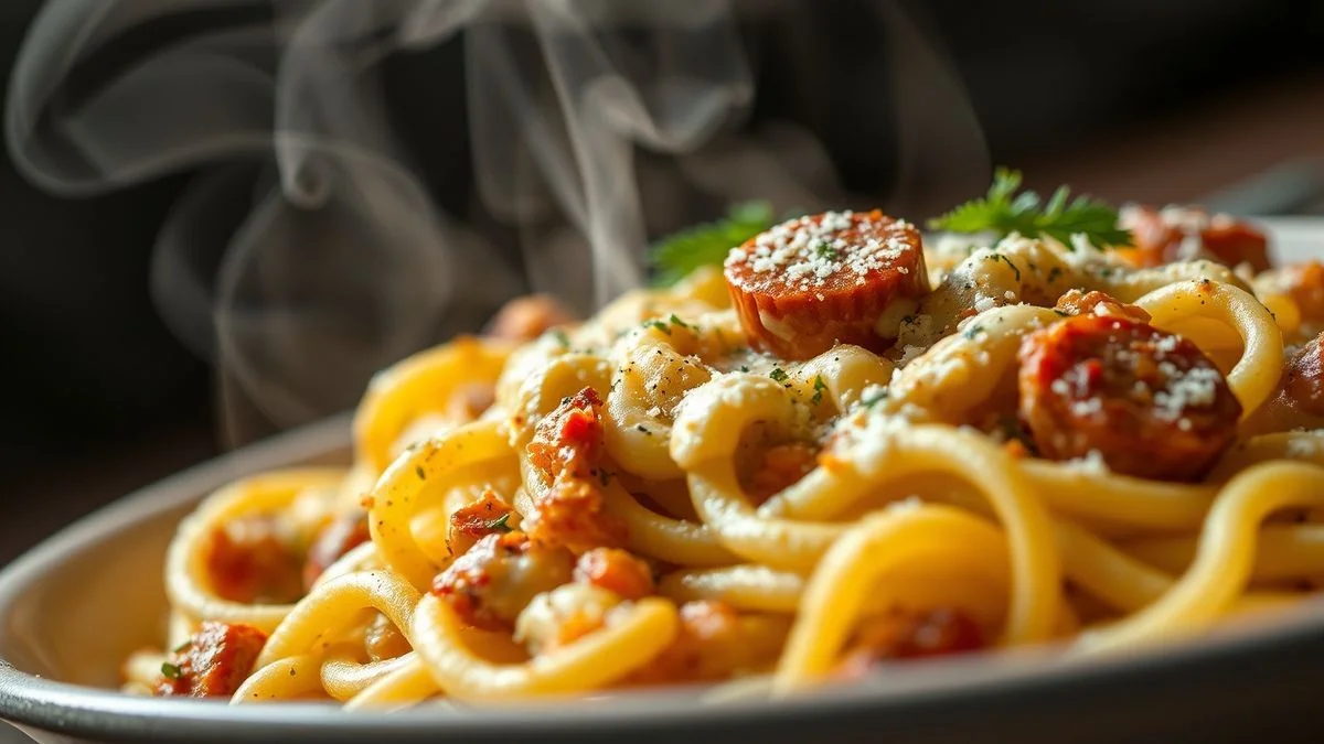Close-up do macarrão com queijo derretido e dourado, mostrando a cremosidade do molho e pedaços de calabresa