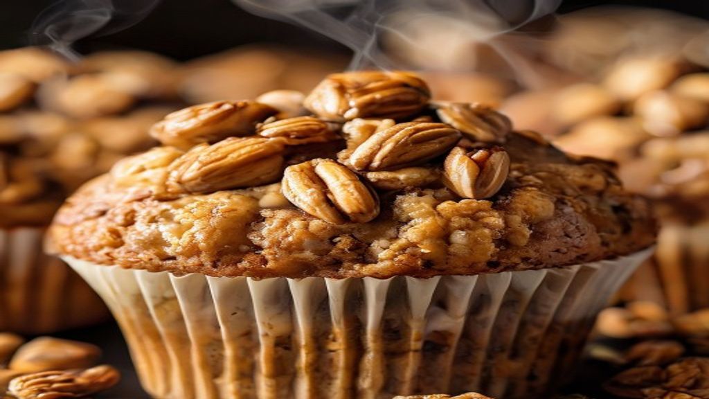 Close-up do muffin cortado ao meio, mostrando a textura úmida e os pedaços de nozes no interior.