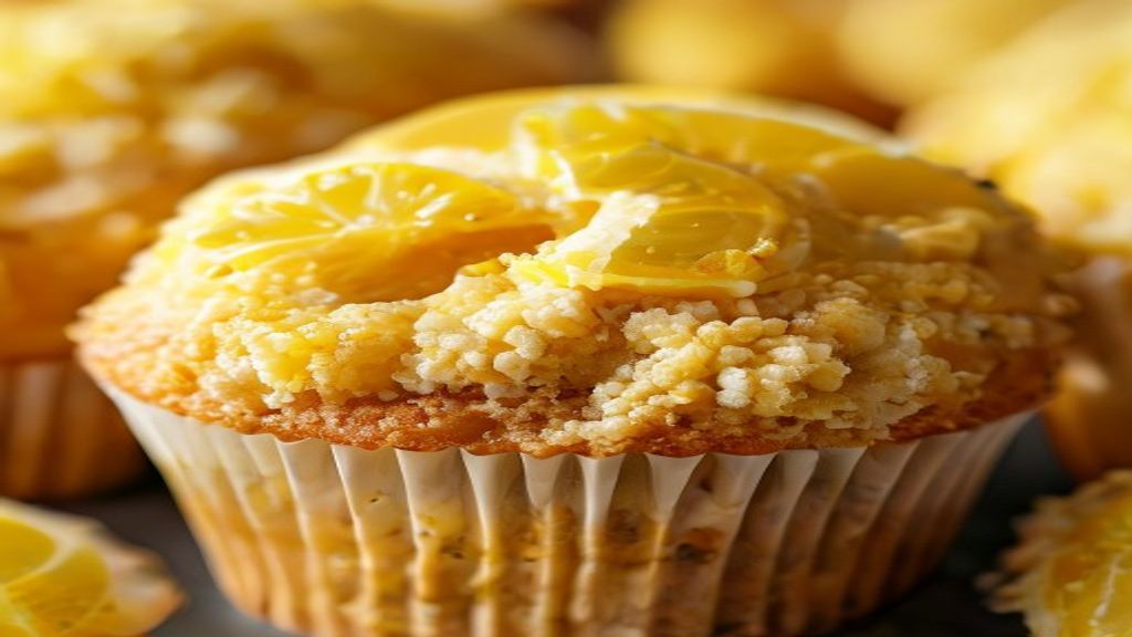 Close-up do muffin cortado ao meio, mostrando a textura fofa e os pedacinhos de raspas de limão.