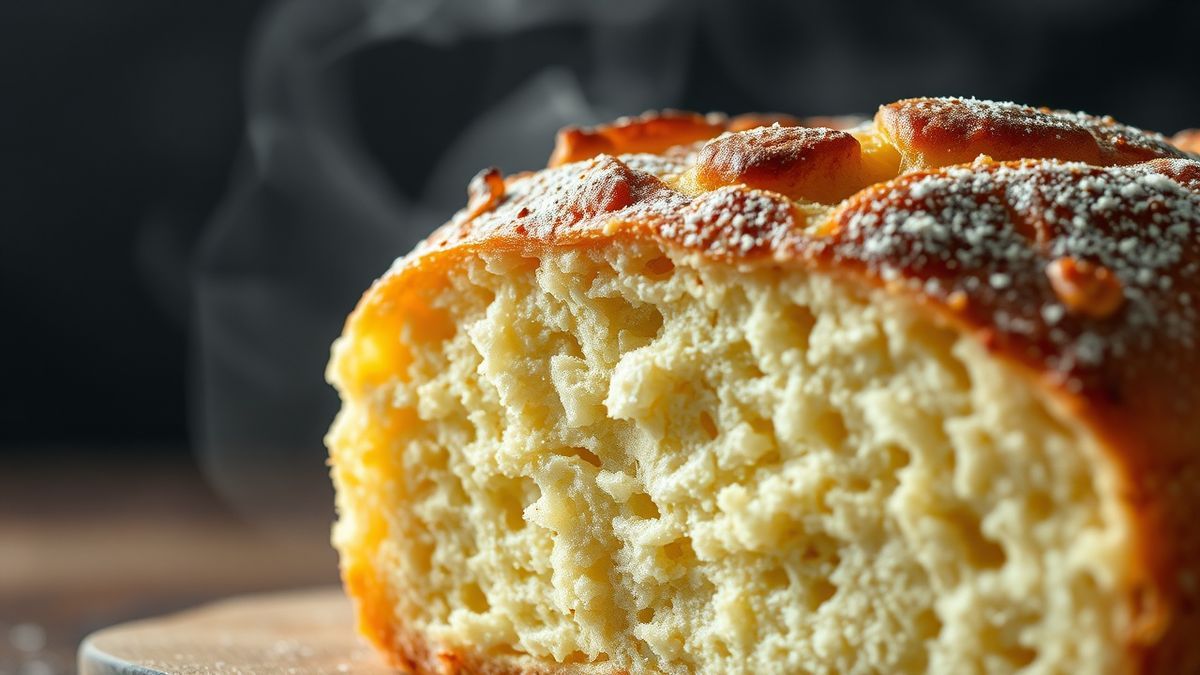 Close-up das fatias mostrando alvéolos e textura do miolo, com casca dourada brilhante