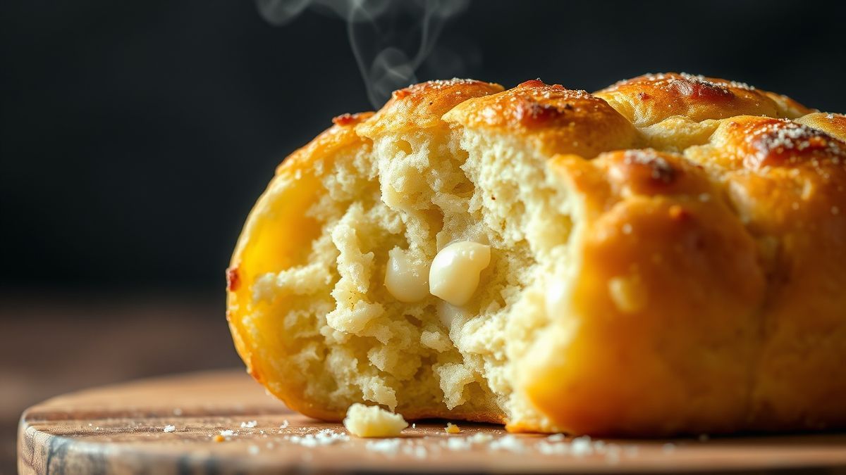 Close-up de um pão de queijo aberto ao meio, mostrando o miolo úmido e aerado e a casquinha dourada