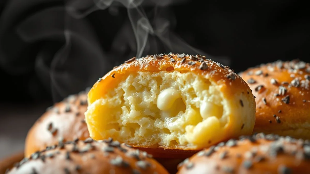 Close-up de um pãozinho de mandioca aberto ao meio, mostrando o miolo úmido e elástico e a casquinha dourada