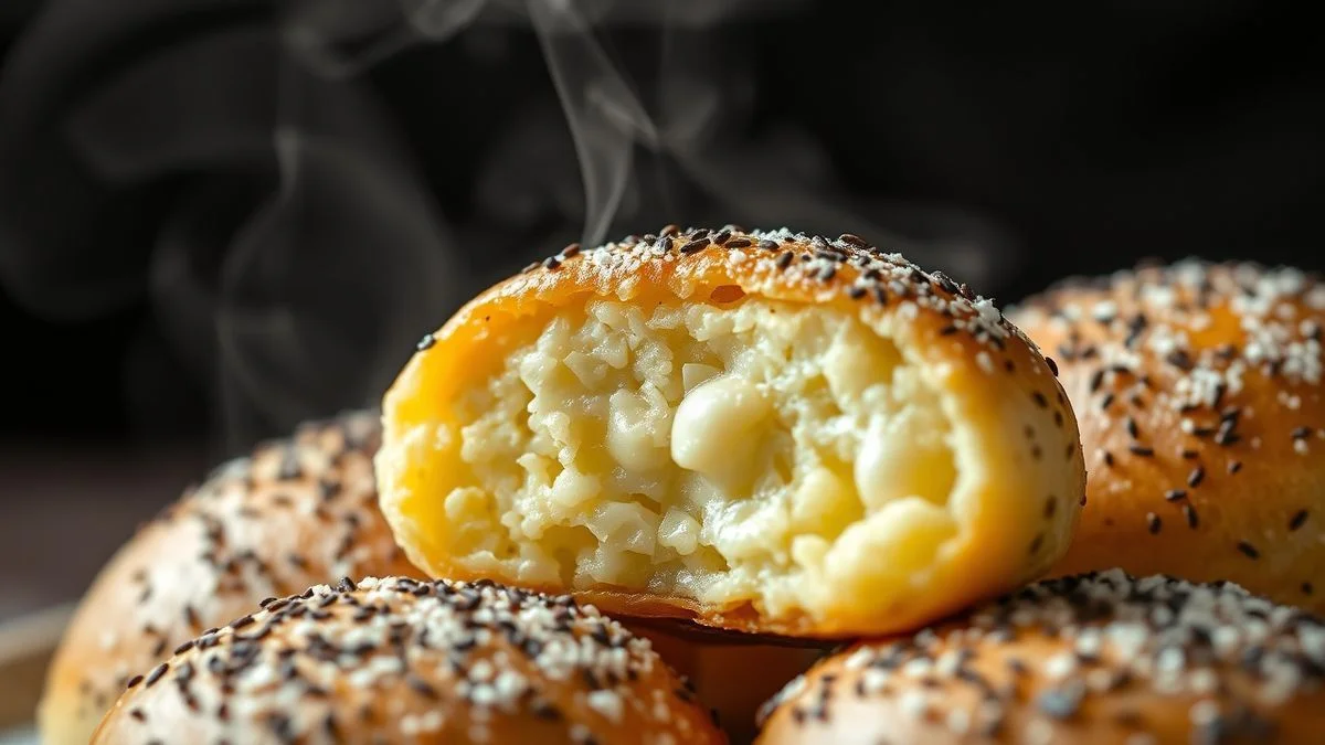 Close-up do pãozinho partido ao meio, revelando miolo macio e úmido com queijo derretido