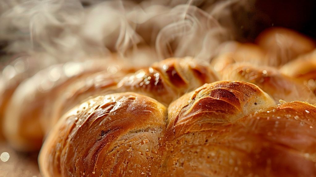 Close-up dos pãezinhos dourados recém-assados, mostrando textura e leve vapor saindo