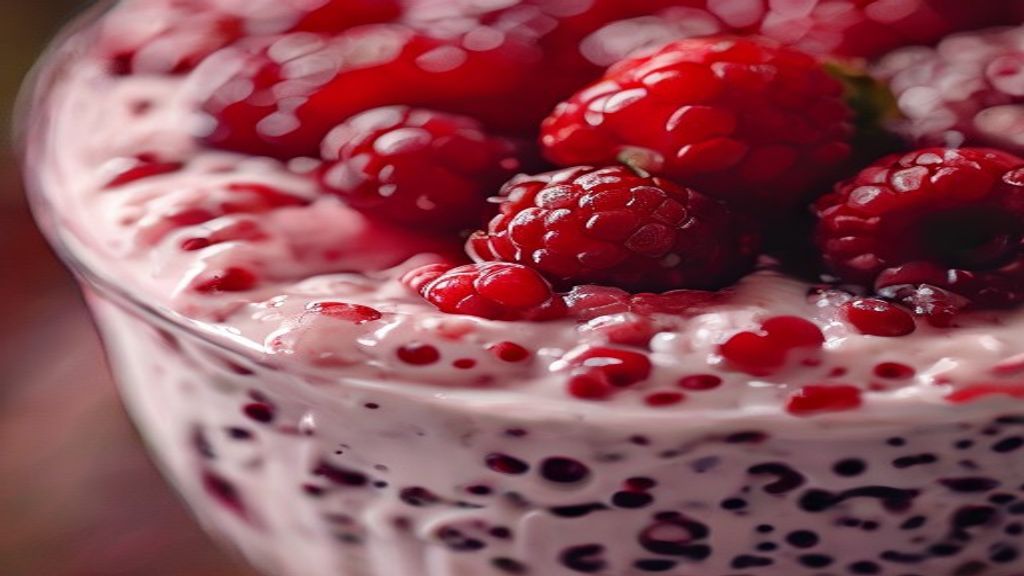 Close-up mostrando a textura cremosa do pudim e as frutas vermelhas por cima