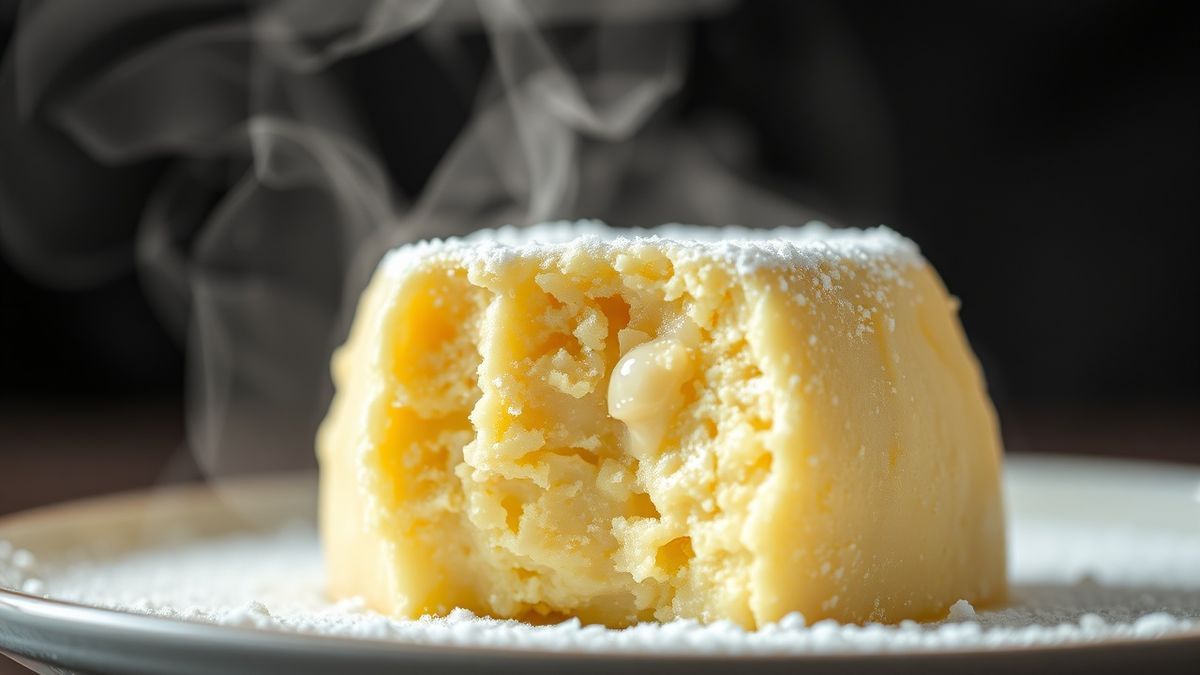 Close-up da fatia do pudim evidenciando textura lisa, corte firme e brilho cremoso