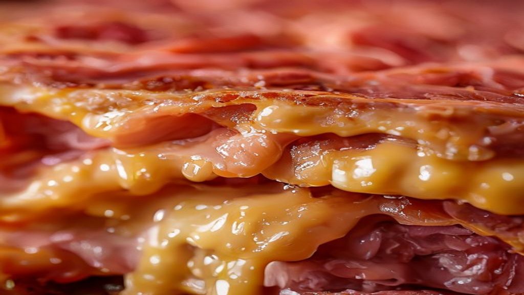 Close-up do salgadinho cortado mostrando o recheio cremoso de queijo e presunto derretido