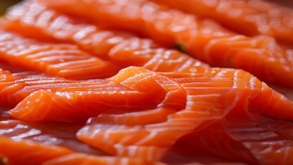 Close-up das fatias de sashimi revelando brilho e textura suculenta do peixe.