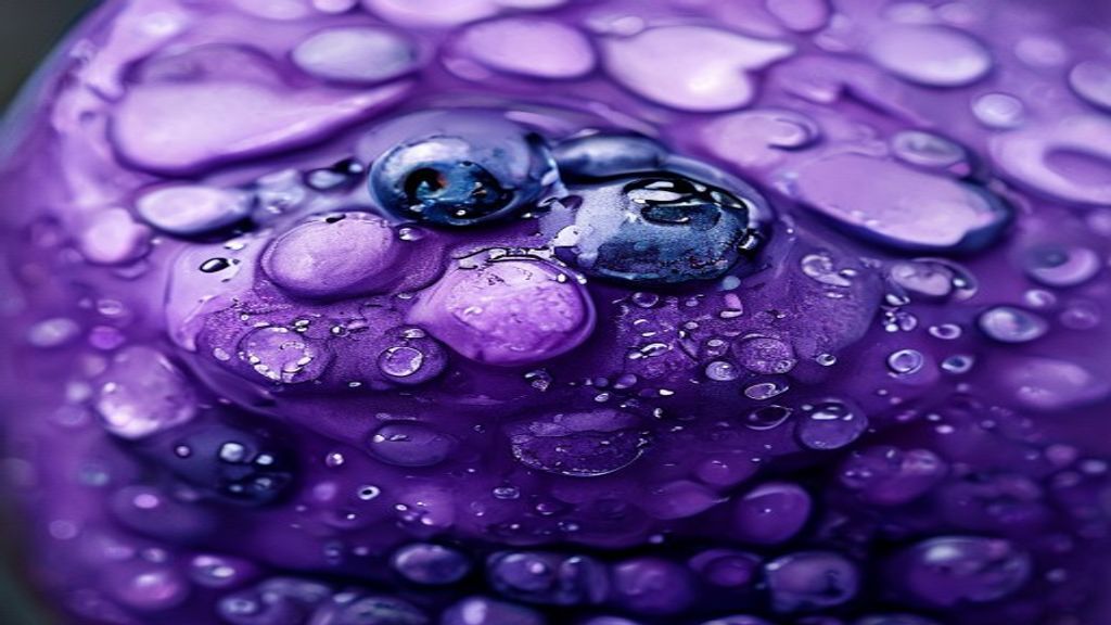 Close-up mostrando o brilho e a textura do suco de mirtilo gelado com gotas de condensação no copo